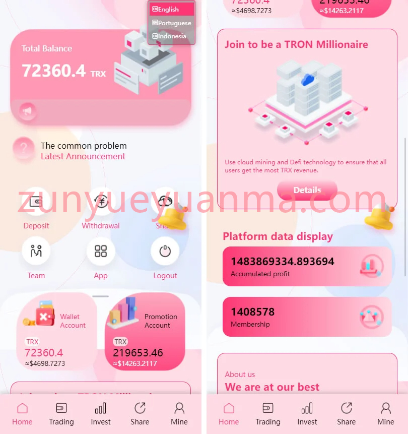 价值500u的trx粉色UI多语言理财网站系统源码